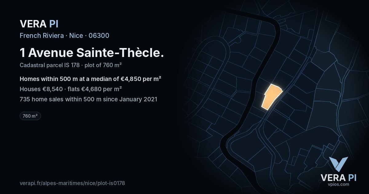 1 Avenue Sainte-Thècle, Nice at night – the plot lit, the parcels around coloured by the prices near them