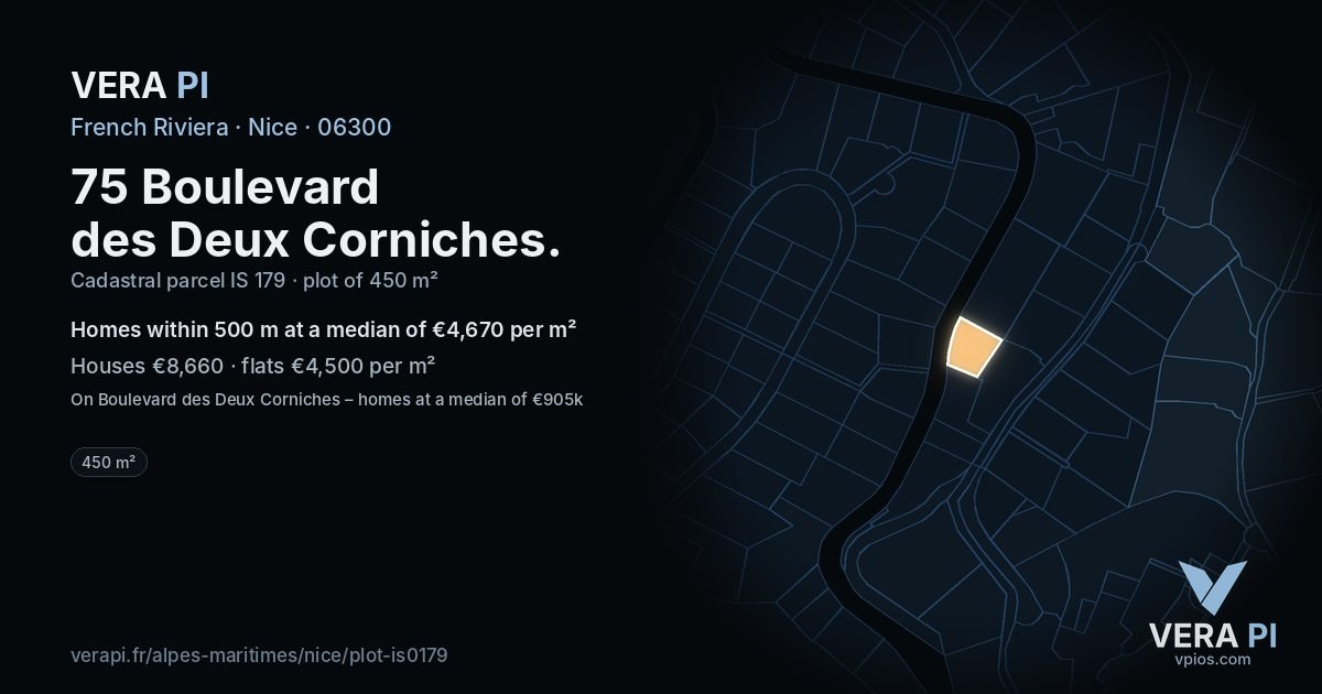 75 Boulevard des Deux Corniches, Nice at night – the plot lit, the parcels around coloured by the prices near them