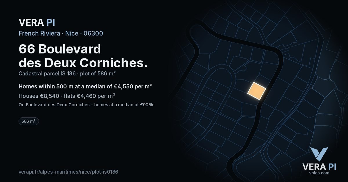 66 Boulevard des Deux Corniches, Nice at night – the plot lit, the parcels around coloured by the prices near them