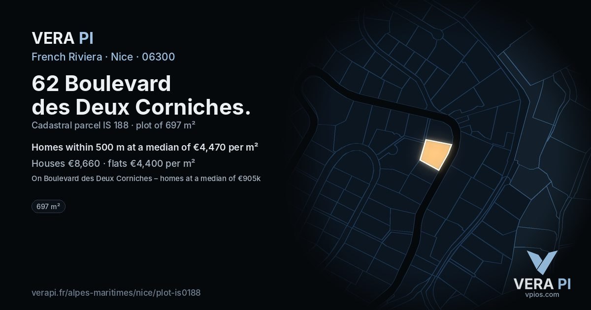 62 Boulevard des Deux Corniches, Nice at night – the plot lit, the parcels around coloured by the prices near them