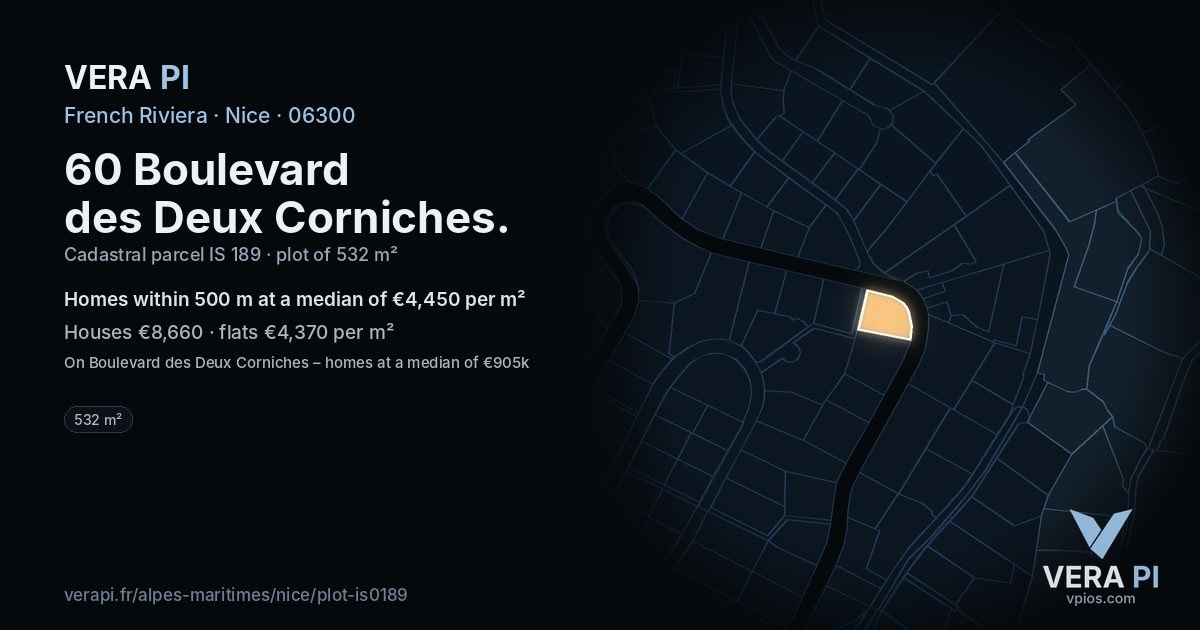 60 Boulevard des Deux Corniches, Nice at night – the plot lit, the parcels around coloured by the prices near them