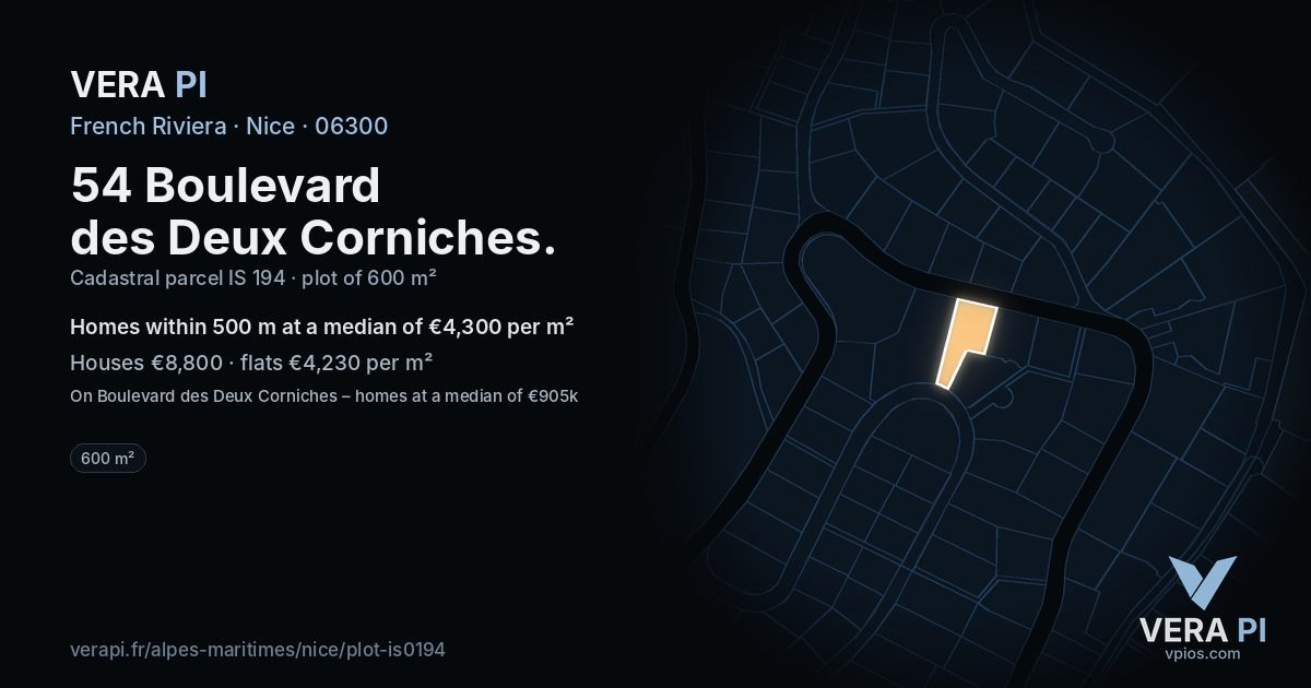 54 Boulevard des Deux Corniches, Nice at night – the plot lit, the parcels around coloured by the prices near them