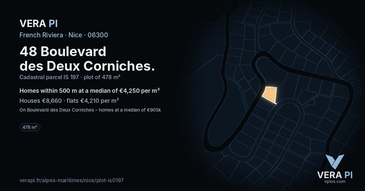 48 Boulevard des Deux Corniches, Nice at night – the plot lit, the parcels around coloured by the prices near them