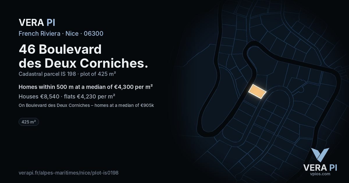46 Boulevard des Deux Corniches, Nice at night – the plot lit, the parcels around coloured by the prices near them