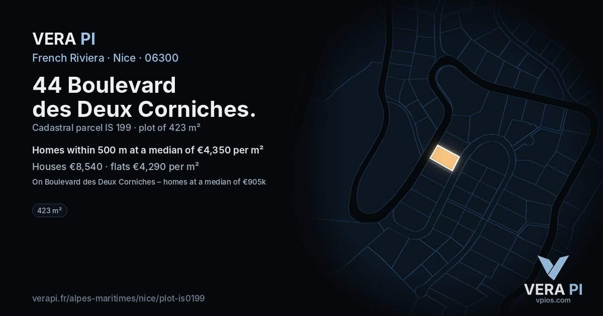 44 Boulevard des Deux Corniches, Nice at night – the plot lit, the parcels around coloured by the prices near them