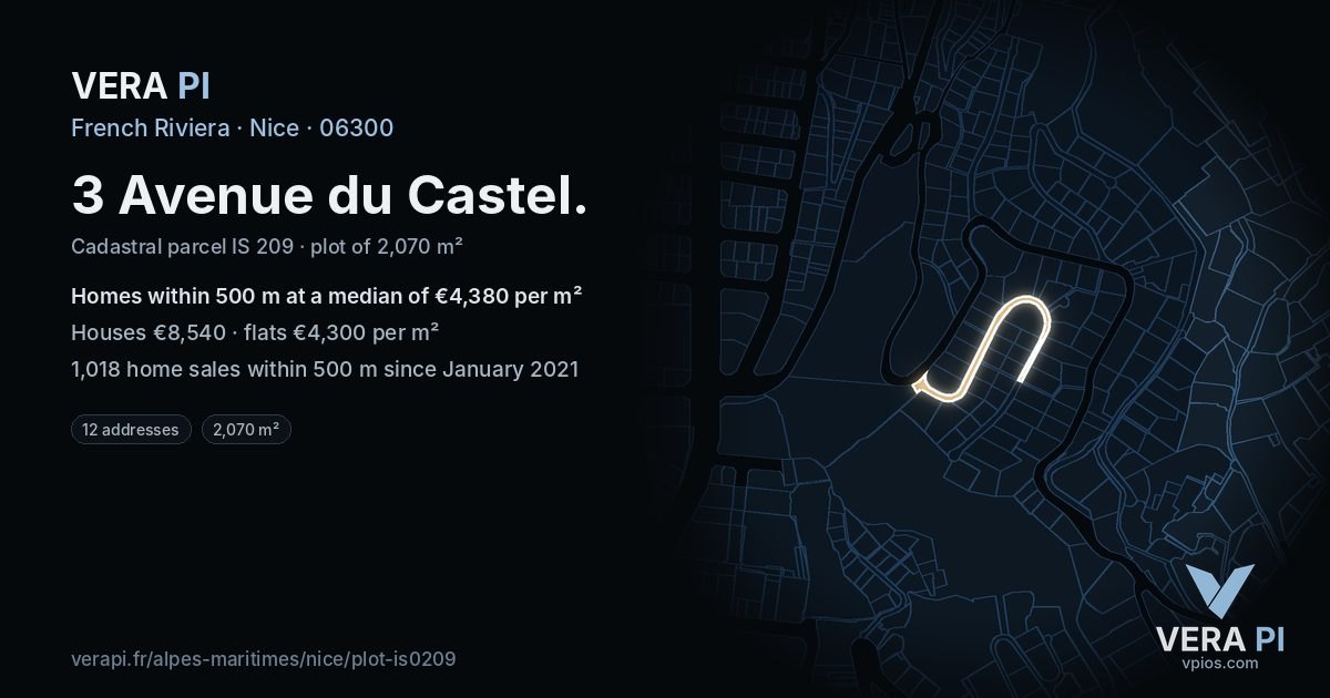 3 Avenue du Castel, Nice at night – the plot lit, the parcels around coloured by the prices near them