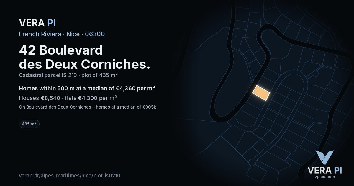42 Boulevard des Deux Corniches, Nice at night – the plot lit, the parcels around coloured by the prices near them