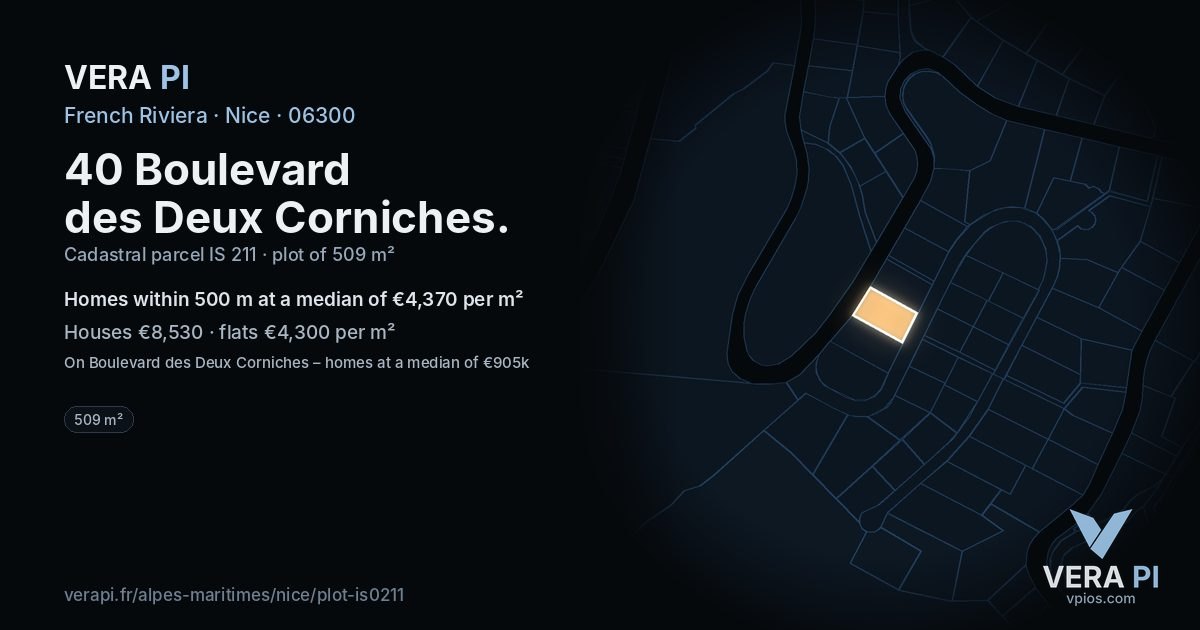 40 Boulevard des Deux Corniches, Nice at night – the plot lit, the parcels around coloured by the prices near them