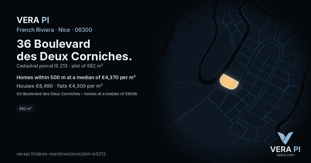 36 Boulevard des Deux Corniches, Nice at night – the plot lit, the parcels around coloured by the prices near them