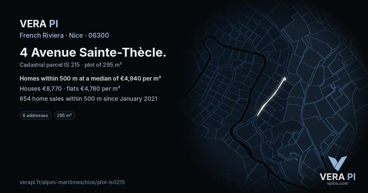 4 Avenue Sainte-Thècle, Nice at night – the plot lit, the parcels around coloured by the prices near them