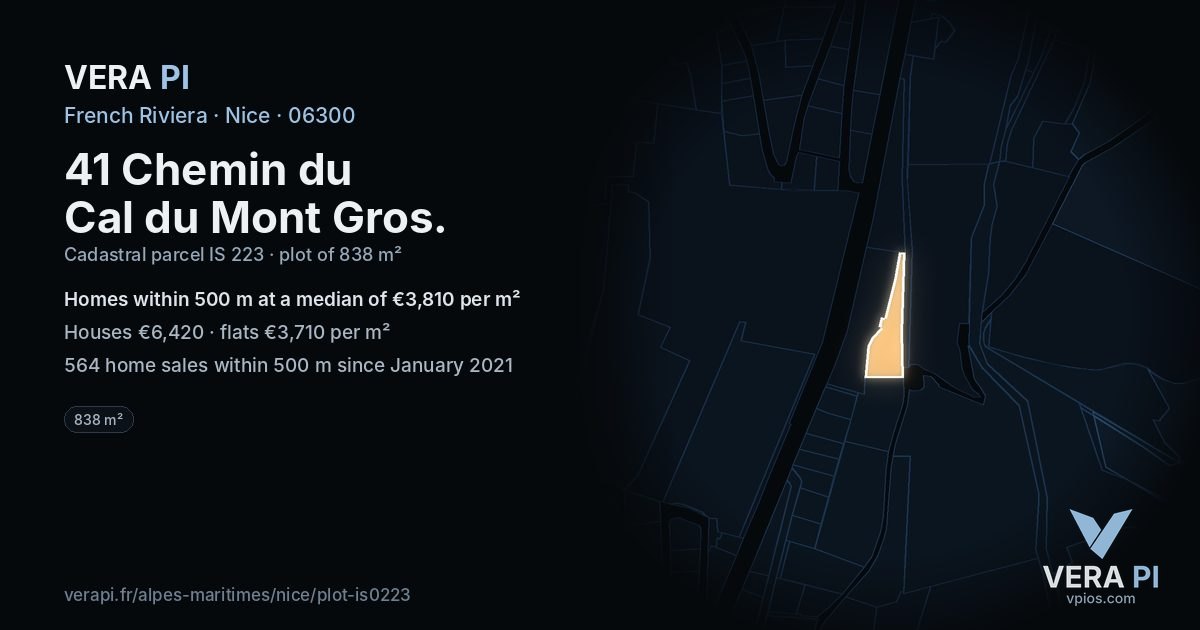 41 Chemin du Cal du Mont Gros, Nice at night – the plot lit, the parcels around coloured by the prices near them