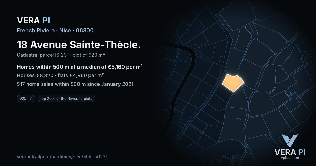 18 Avenue Sainte-Thècle, Nice at night – the plot lit, the parcels around coloured by the prices near them