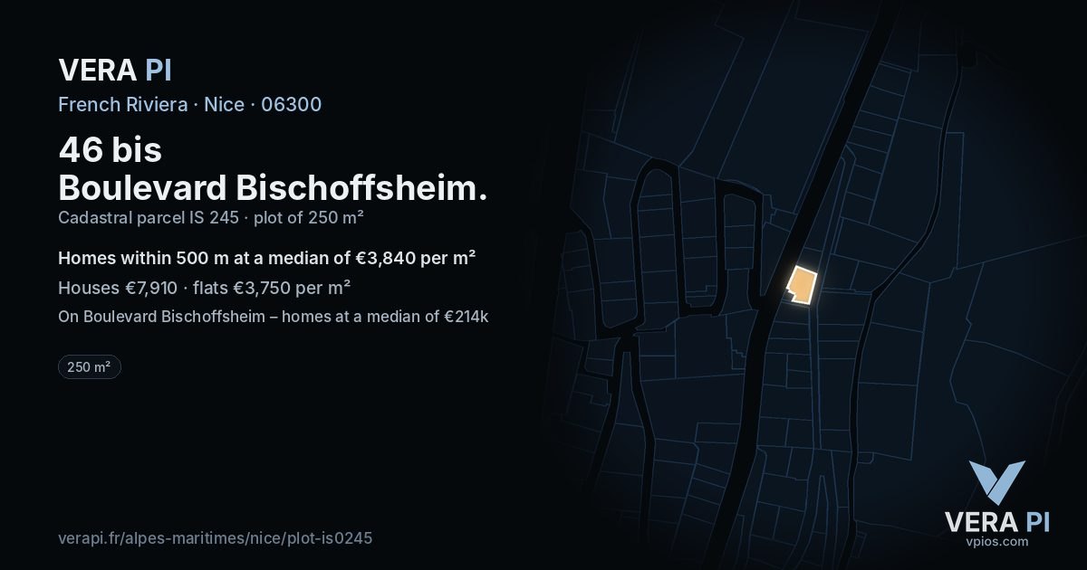 46 bis Boulevard Bischoffsheim, Nice at night – the plot lit, the parcels around coloured by the prices near them