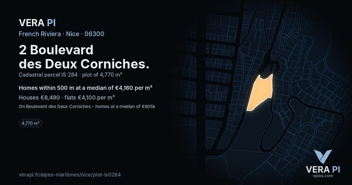 2 Boulevard des Deux Corniches, Nice at night – the plot lit, the parcels around coloured by the prices near them