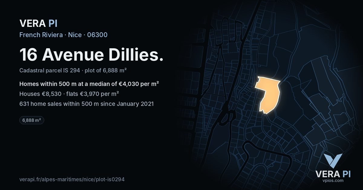 16 Avenue Dillies, Nice at night – the plot lit, the parcels around coloured by the prices near them