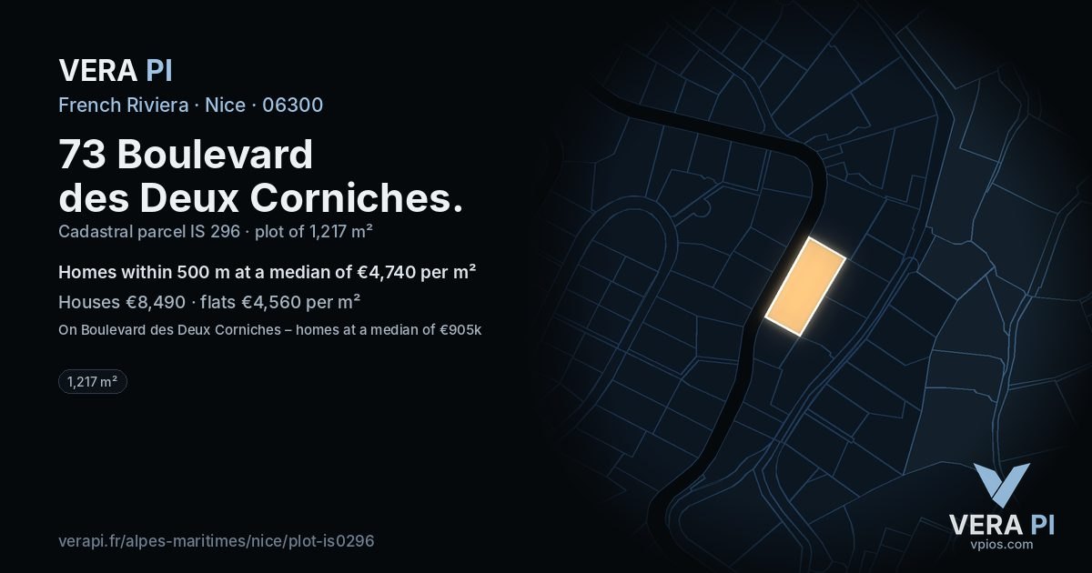 73 Boulevard des Deux Corniches, Nice at night – the plot lit, the parcels around coloured by the prices near them