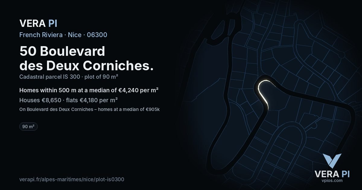 50 Boulevard des Deux Corniches, Nice at night – the plot lit, the parcels around coloured by the prices near them