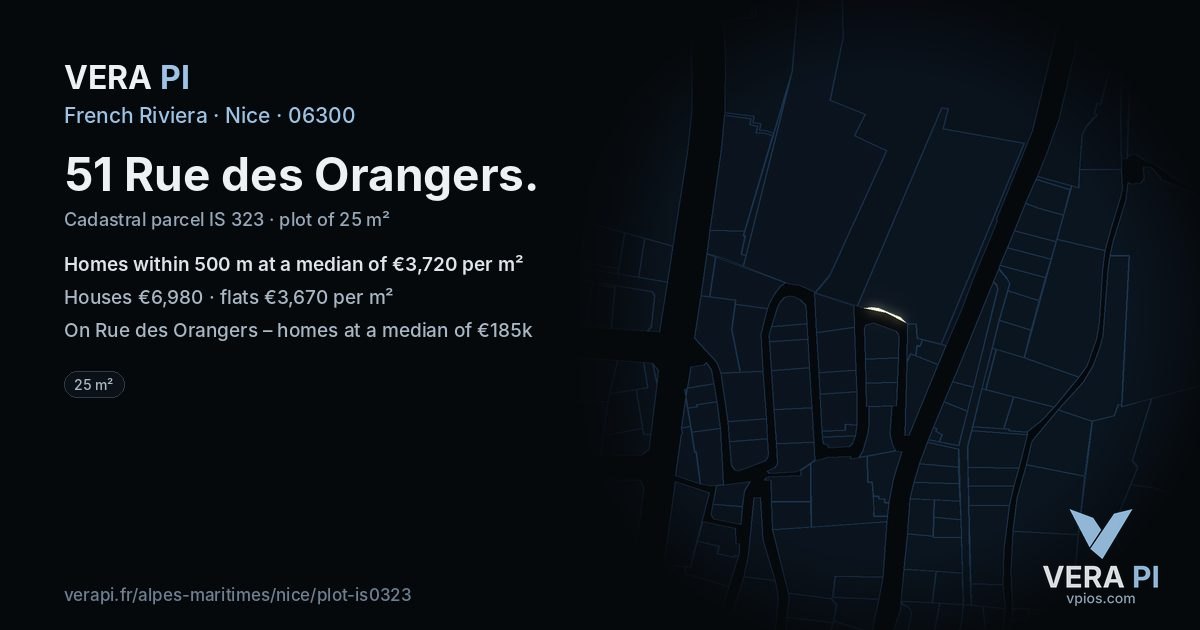 51 Rue des Orangers, Nice at night – the plot lit, the parcels around coloured by the prices near them
