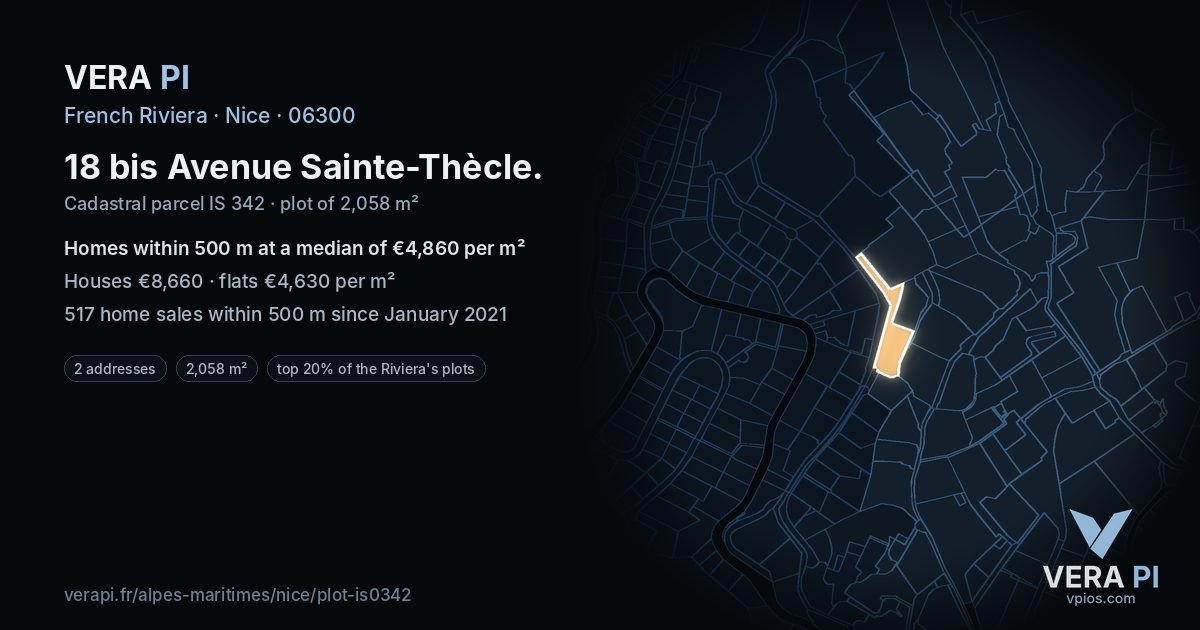 18 bis Avenue Sainte-Thècle, Nice at night – the plot lit, the parcels around coloured by the prices near them