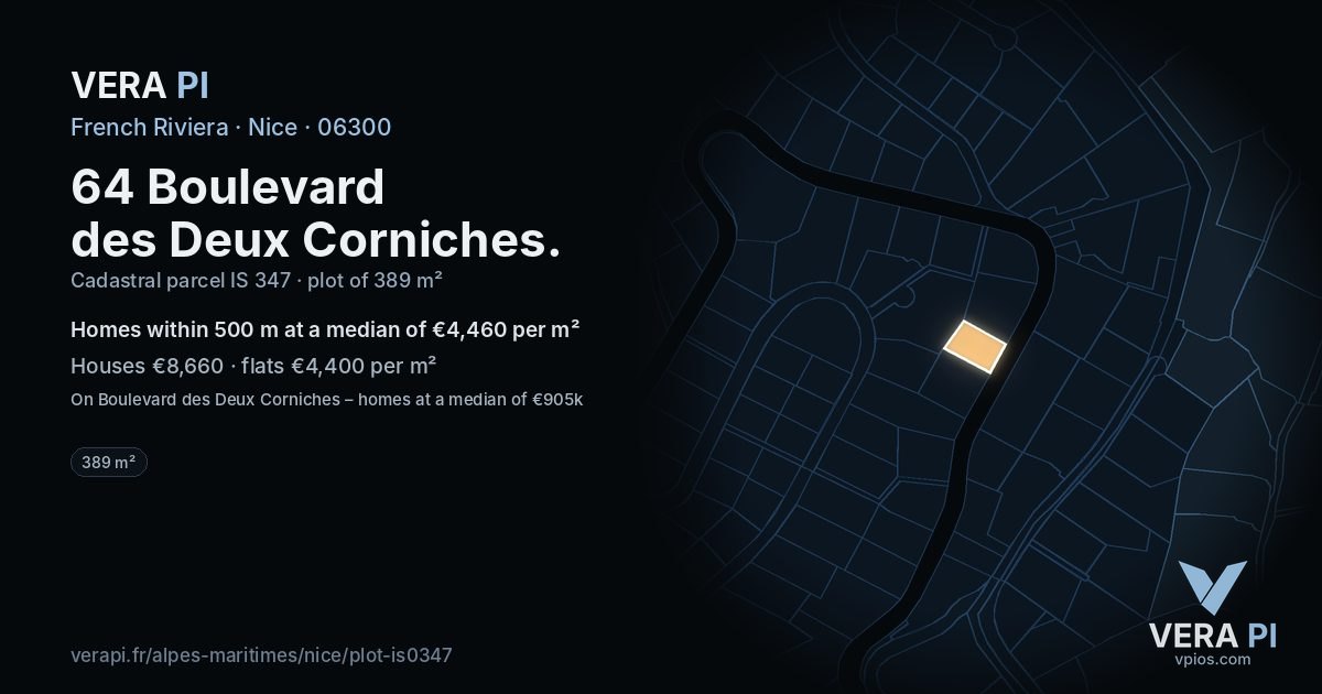 64 Boulevard des Deux Corniches, Nice at night – the plot lit, the parcels around coloured by the prices near them