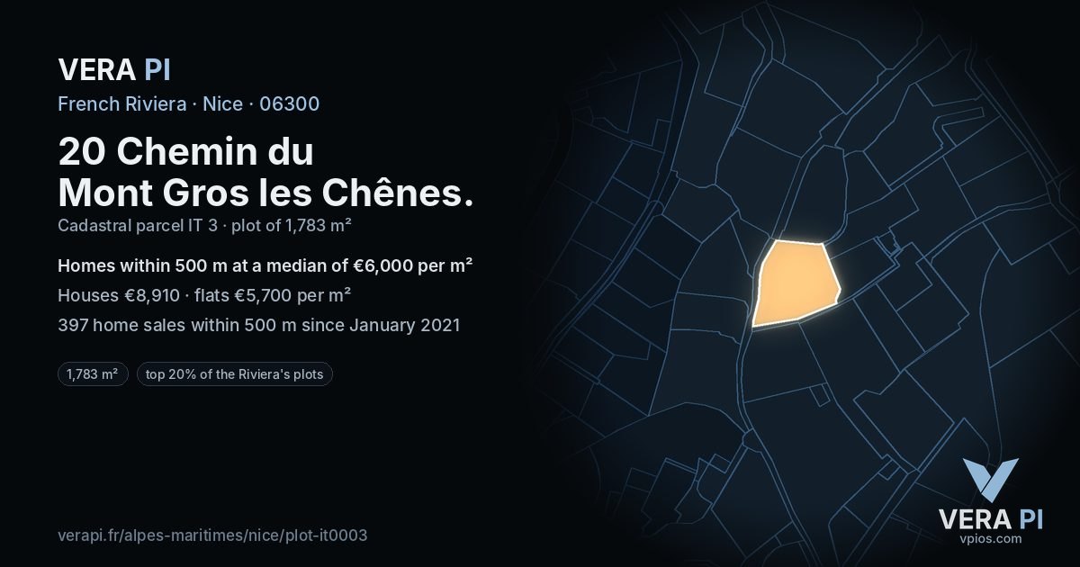 20 Chemin du Mont Gros les Chênes, Nice at night – the plot lit, the parcels around coloured by the prices near them