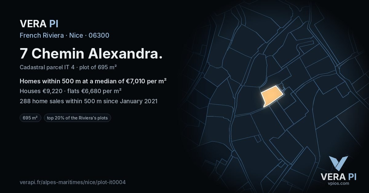 7 Chemin Alexandra, Nice at night – the plot lit, the parcels around coloured by the prices near them
