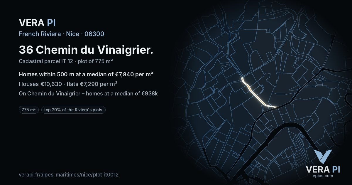 36 Chemin du Vinaigrier, Nice at night – the plot lit, the parcels around coloured by the prices near them