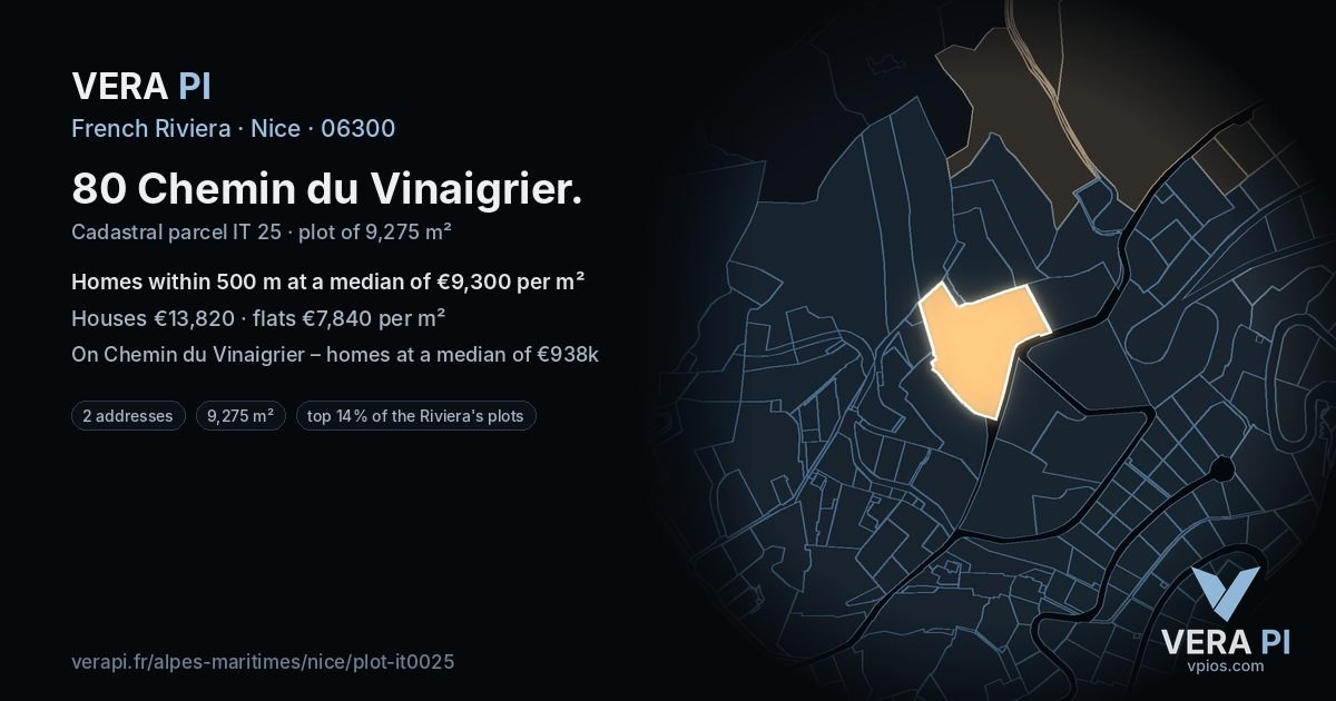 80 Chemin du Vinaigrier, Nice at night – the plot lit, the parcels around coloured by the prices near them