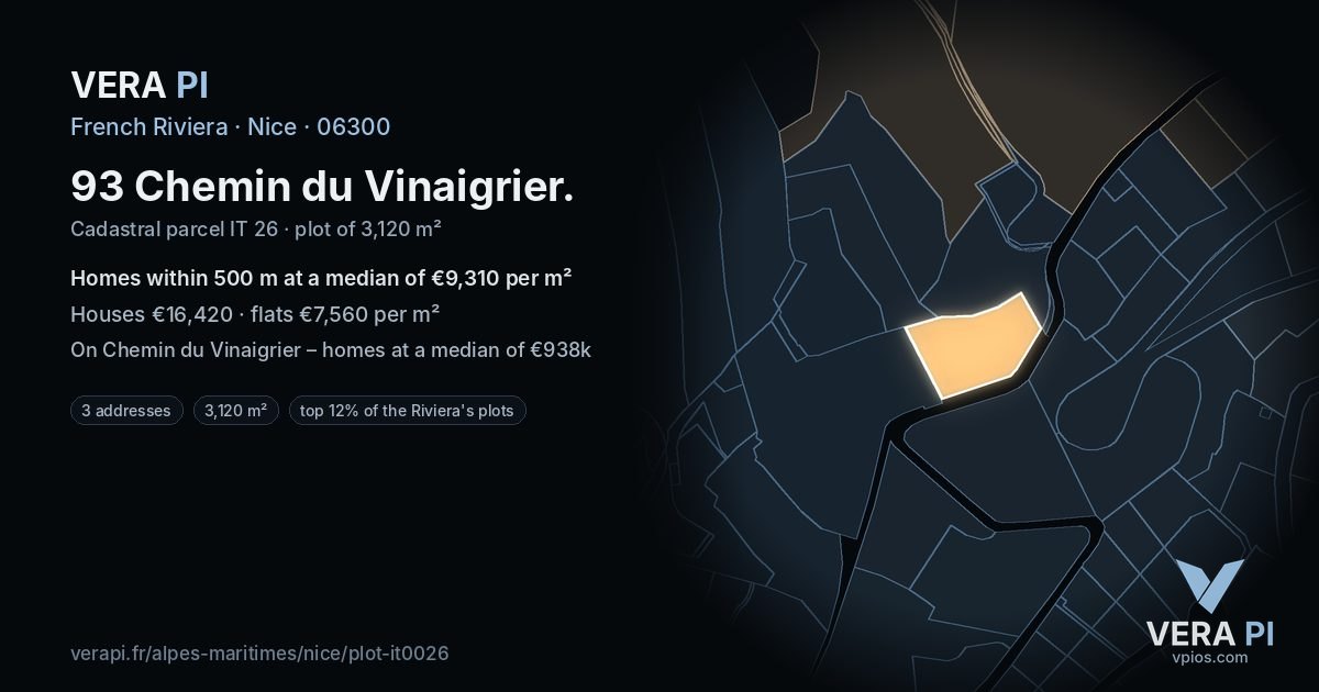 93 Chemin du Vinaigrier, Nice at night – the plot lit, the parcels around coloured by the prices near them