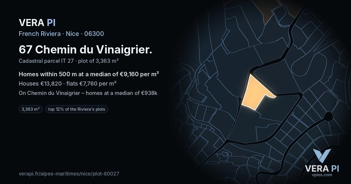 67 Chemin du Vinaigrier, Nice at night – the plot lit, the parcels around coloured by the prices near them