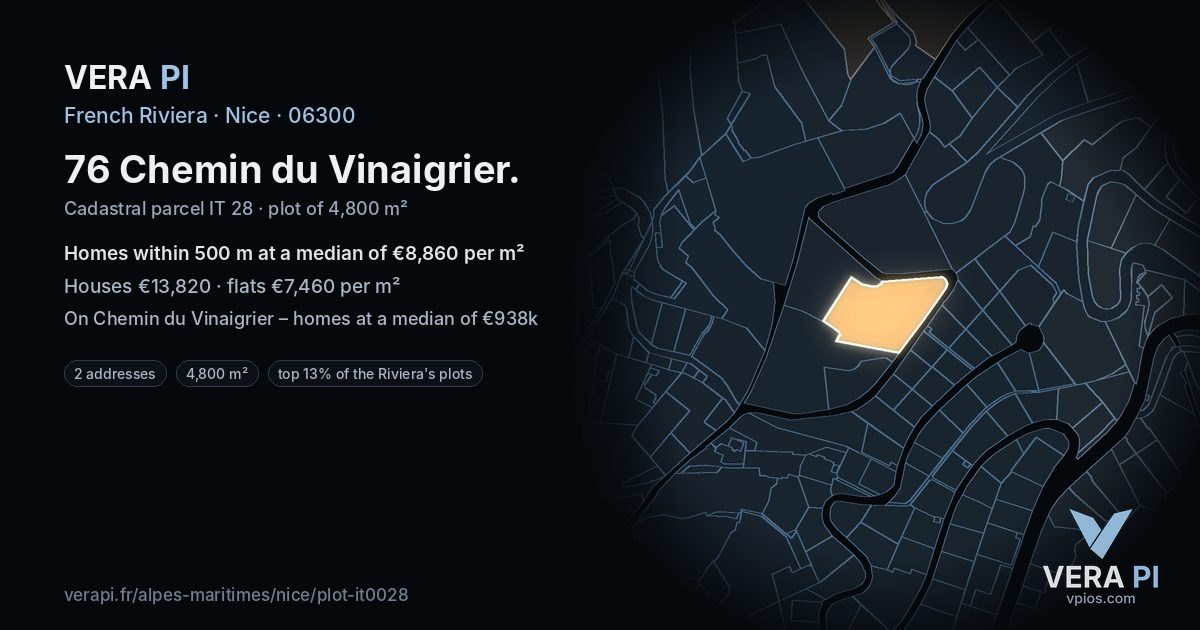 76 Chemin du Vinaigrier, Nice at night – the plot lit, the parcels around coloured by the prices near them
