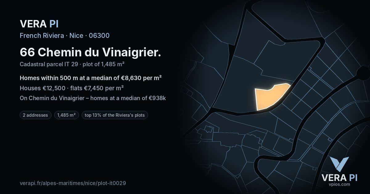 66 Chemin du Vinaigrier, Nice at night – the plot lit, the parcels around coloured by the prices near them