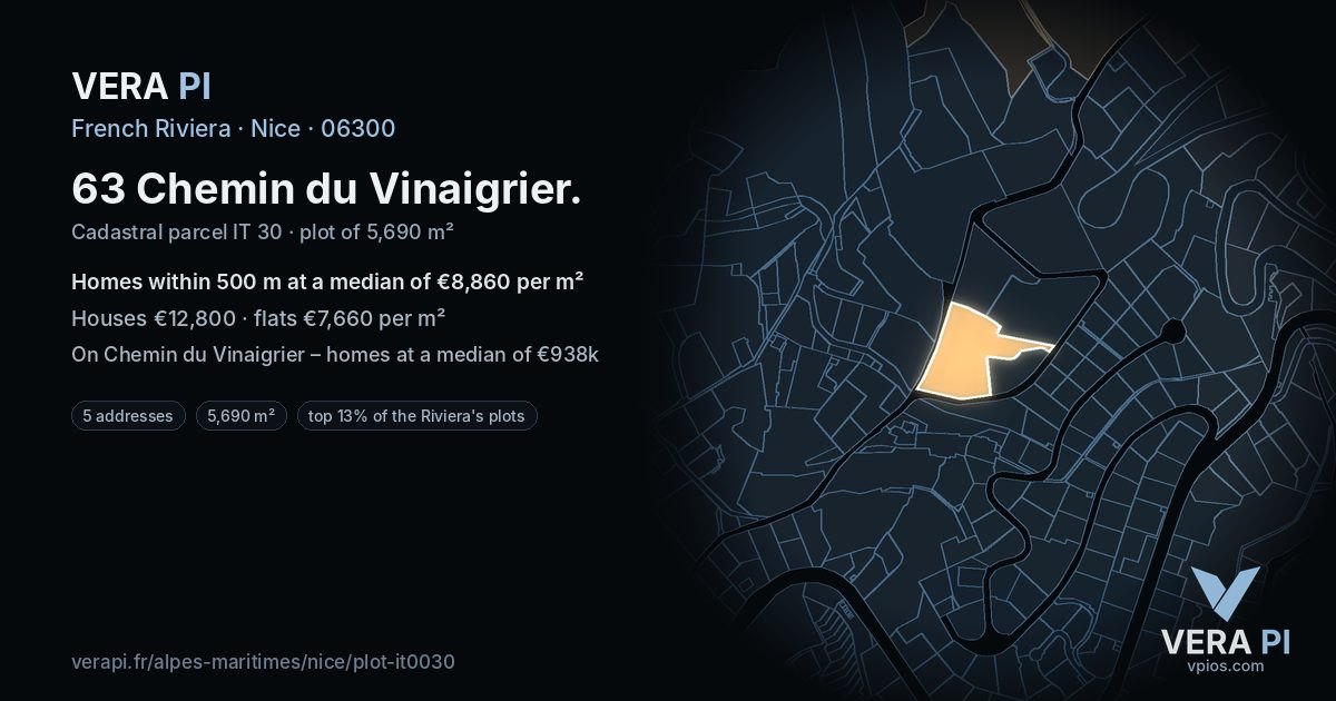 63 Chemin du Vinaigrier, Nice at night – the plot lit, the parcels around coloured by the prices near them