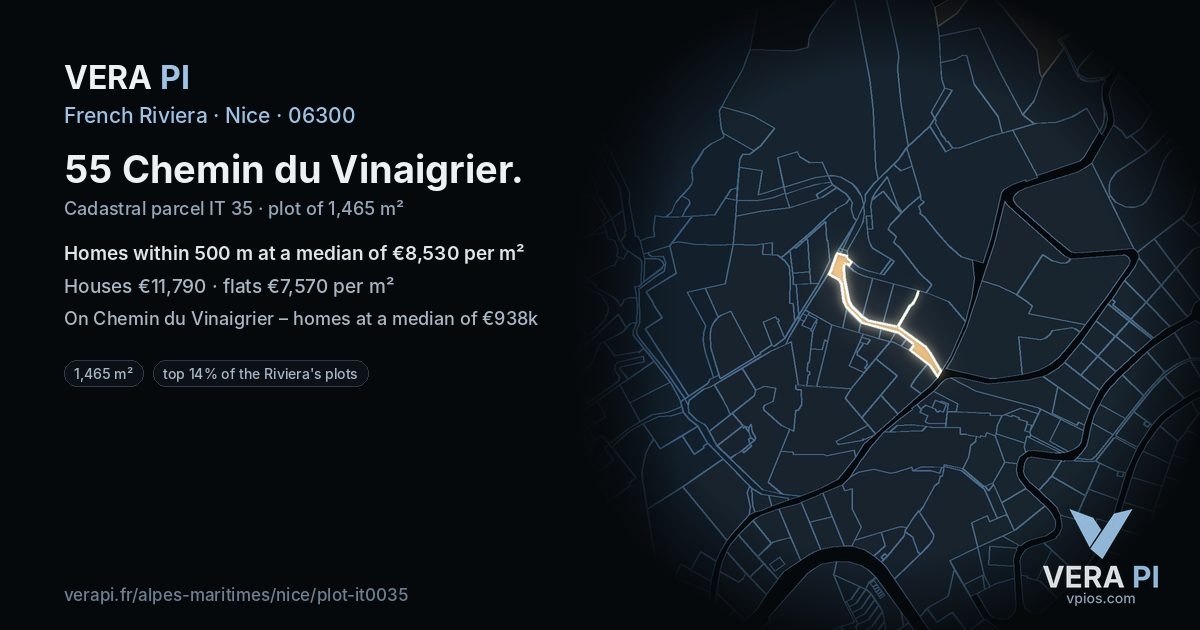 55 Chemin du Vinaigrier, Nice at night – the plot lit, the parcels around coloured by the prices near them