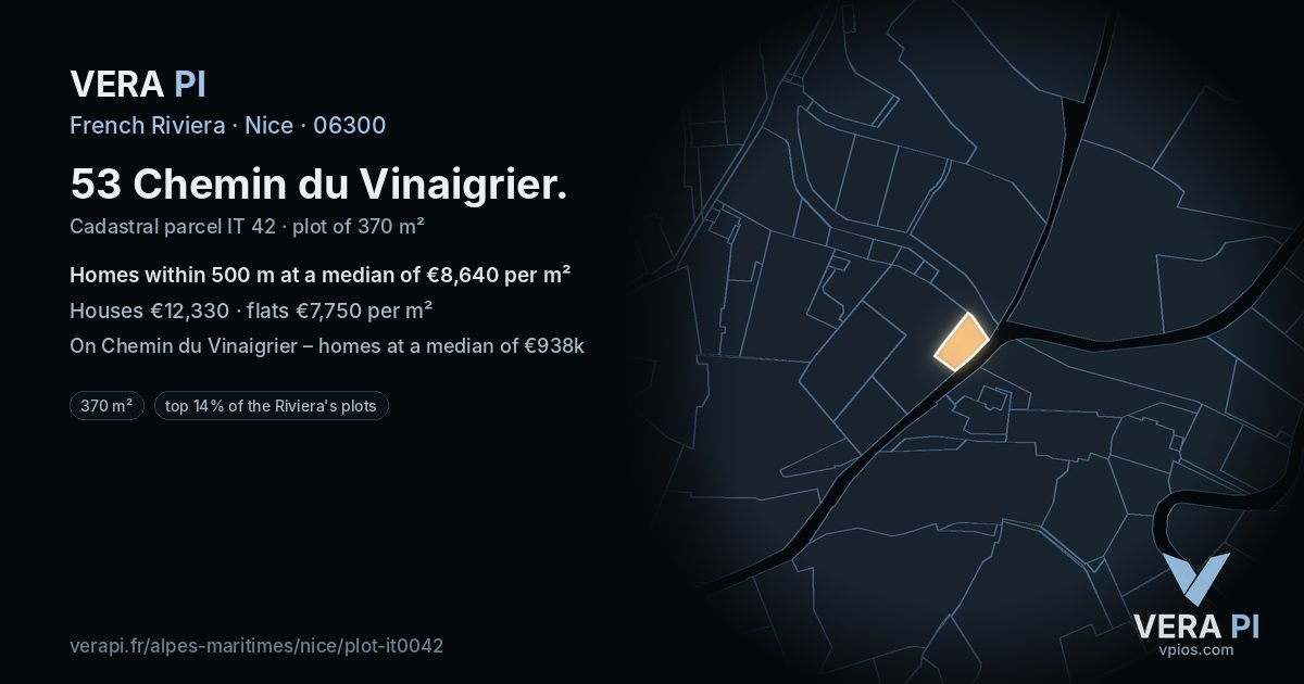 53 Chemin du Vinaigrier, Nice at night – the plot lit, the parcels around coloured by the prices near them