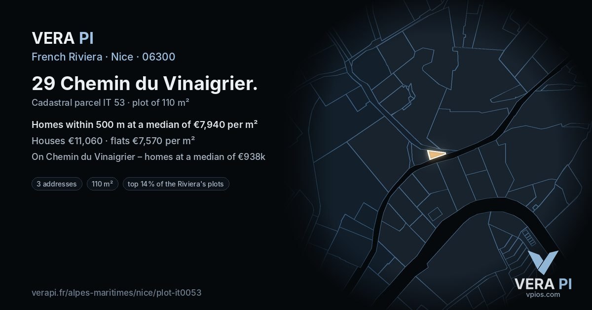 29 Chemin du Vinaigrier, Nice at night – the plot lit, the parcels around coloured by the prices near them