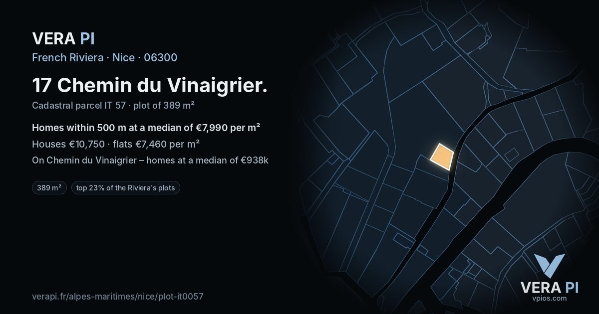 17 Chemin du Vinaigrier, Nice at night – the plot lit, the parcels around coloured by the prices near them