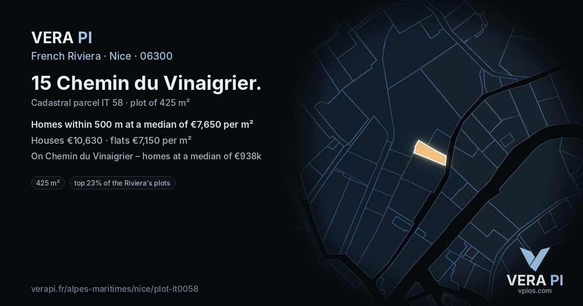 15 Chemin du Vinaigrier, Nice at night – the plot lit, the parcels around coloured by the prices near them