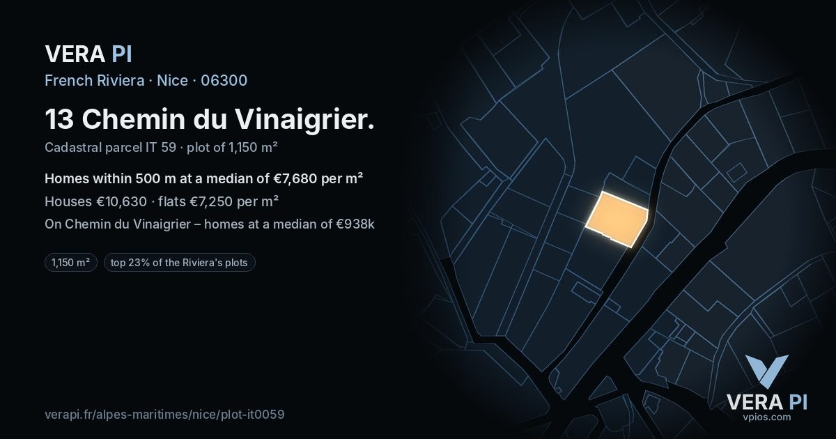 13 Chemin du Vinaigrier, Nice at night – the plot lit, the parcels around coloured by the prices near them