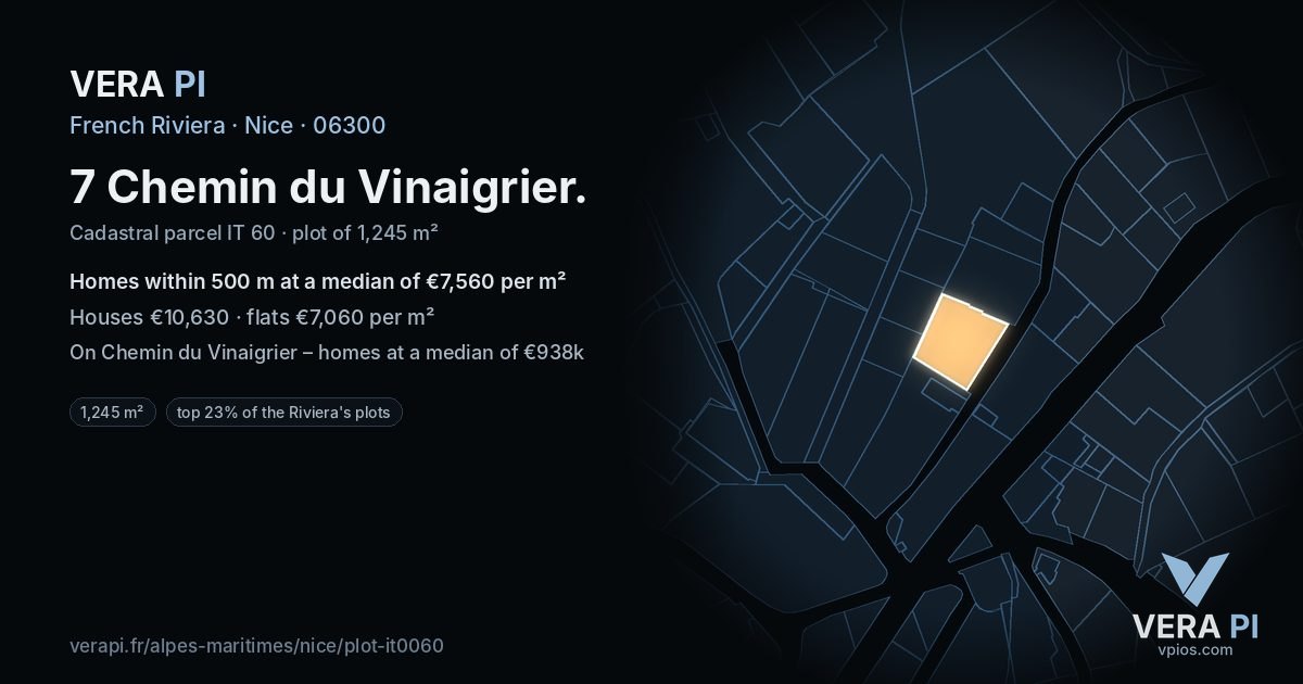 7 Chemin du Vinaigrier, Nice at night – the plot lit, the parcels around coloured by the prices near them