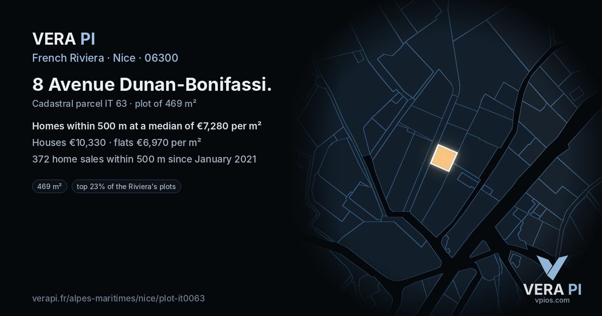 8 Avenue Dunan-Bonifassi, Nice at night – the plot lit, the parcels around coloured by the prices near them
