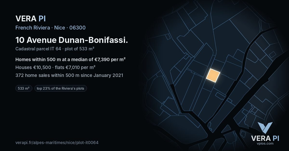 10 Avenue Dunan-Bonifassi, Nice at night – the plot lit, the parcels around coloured by the prices near them