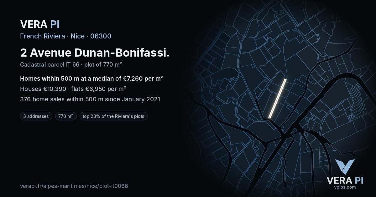 2 Avenue Dunan-Bonifassi, Nice at night – the plot lit, the parcels around coloured by the prices near them