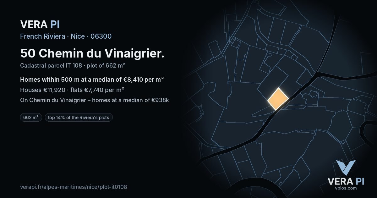50 Chemin du Vinaigrier, Nice at night – the plot lit, the parcels around coloured by the prices near them