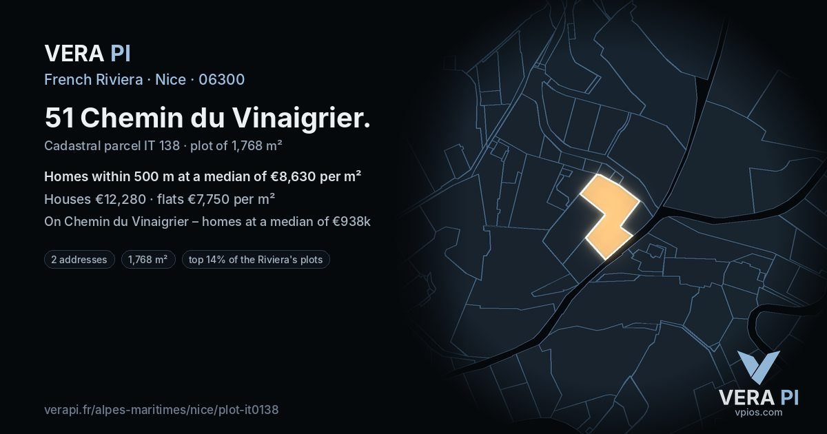 51 Chemin du Vinaigrier, Nice at night – the plot lit, the parcels around coloured by the prices near them