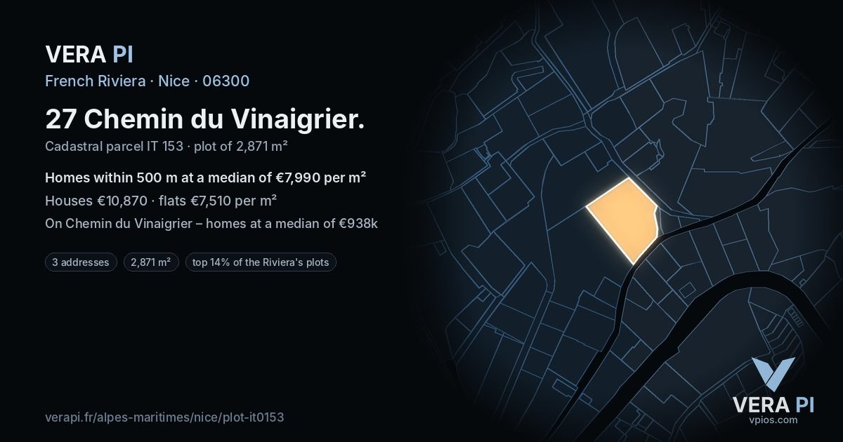 27 Chemin du Vinaigrier, Nice at night – the plot lit, the parcels around coloured by the prices near them