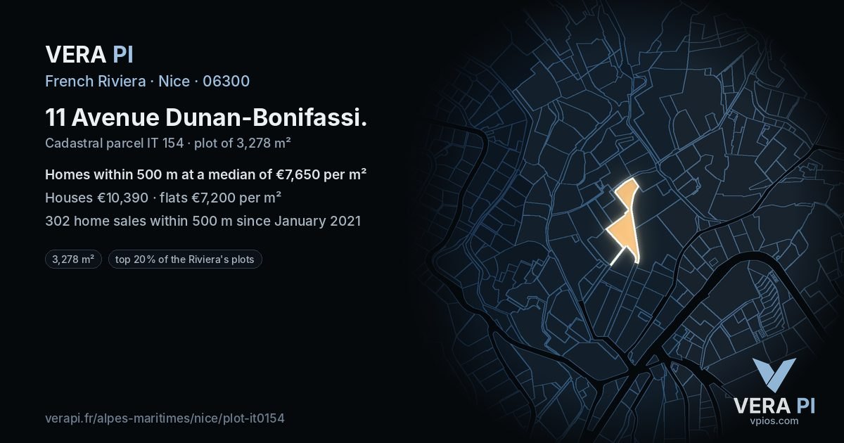 11 Avenue Dunan-Bonifassi, Nice at night – the plot lit, the parcels around coloured by the prices near them