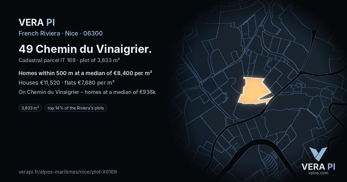 49 Chemin du Vinaigrier, Nice at night – the plot lit, the parcels around coloured by the prices near them