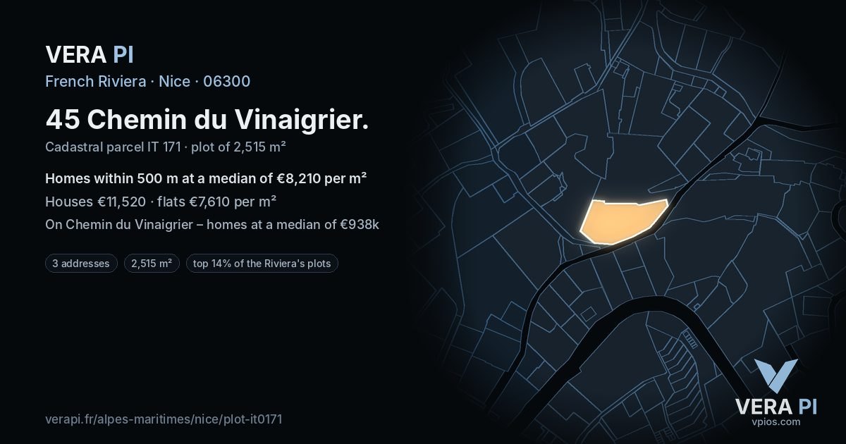45 Chemin du Vinaigrier, Nice at night – the plot lit, the parcels around coloured by the prices near them