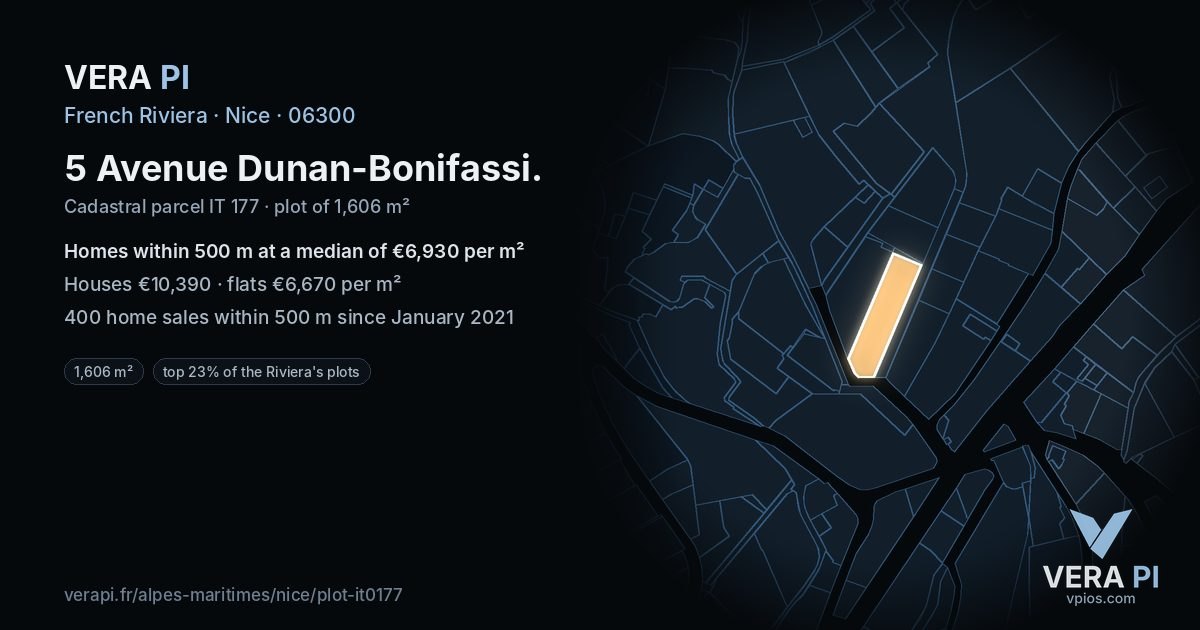 5 Avenue Dunan-Bonifassi, Nice at night – the plot lit, the parcels around coloured by the prices near them
